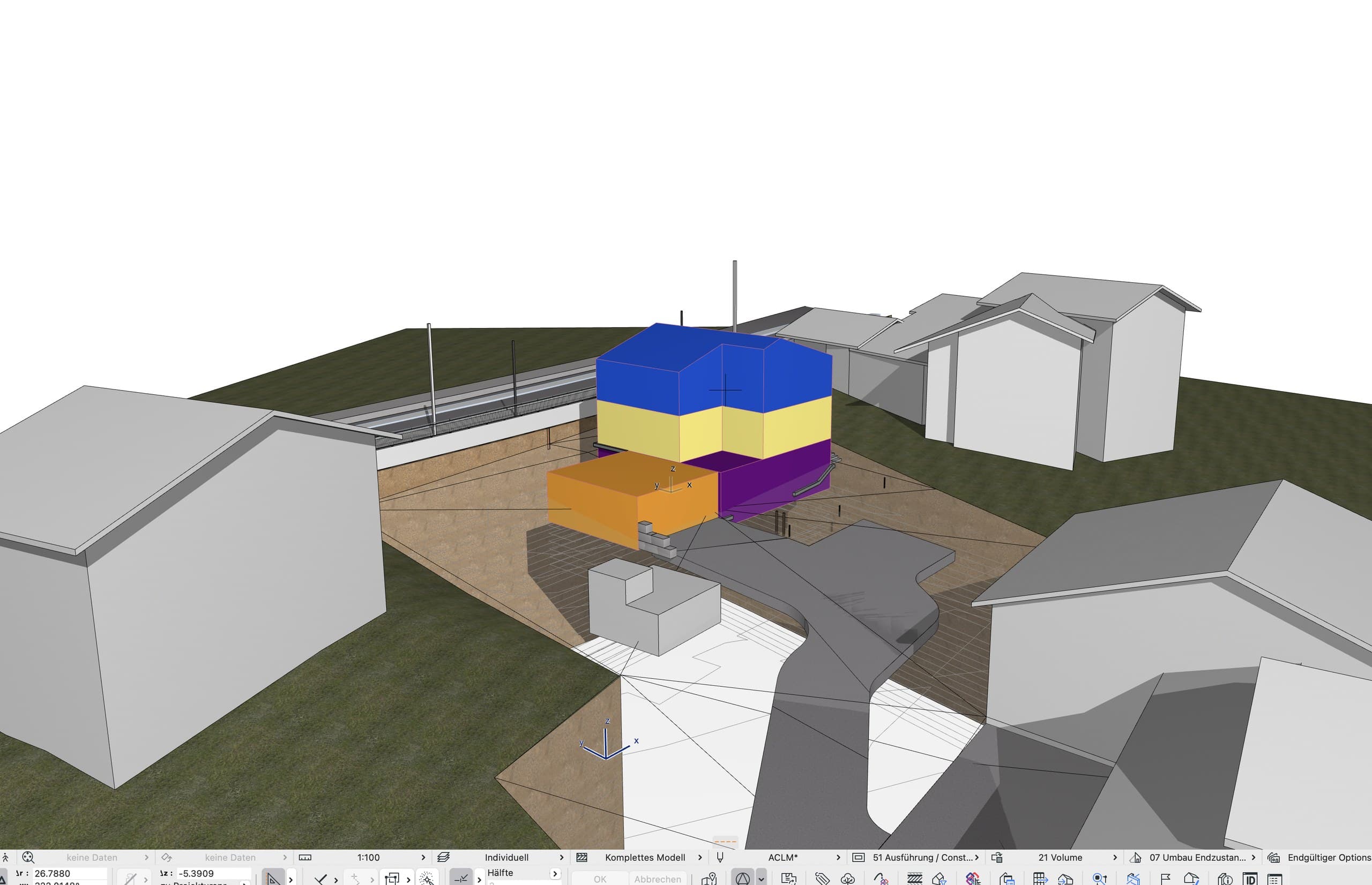 Farbige Baukörper im 3D-Modell der Nachbarschaft